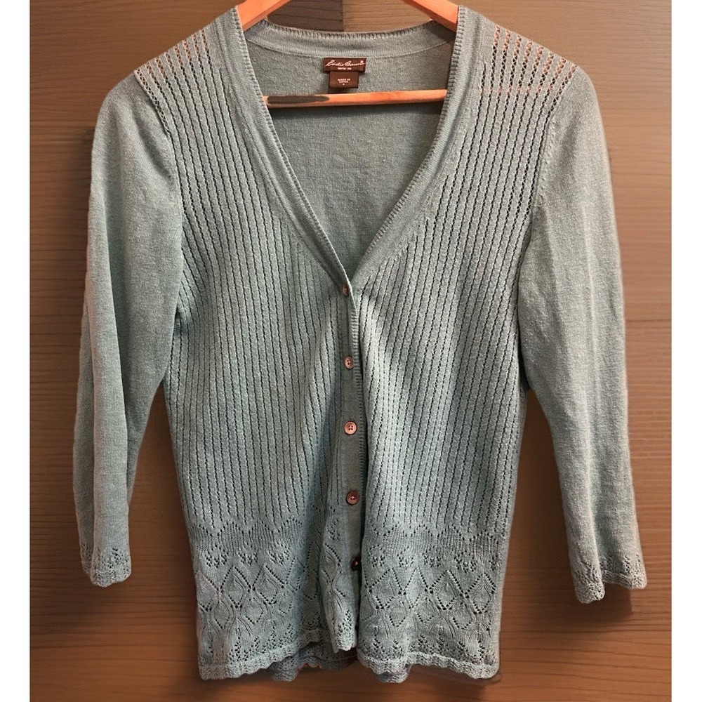 Eddie Bauer Small Cardigan Button Green Sage Eyelet Crochet Dainty Feminine